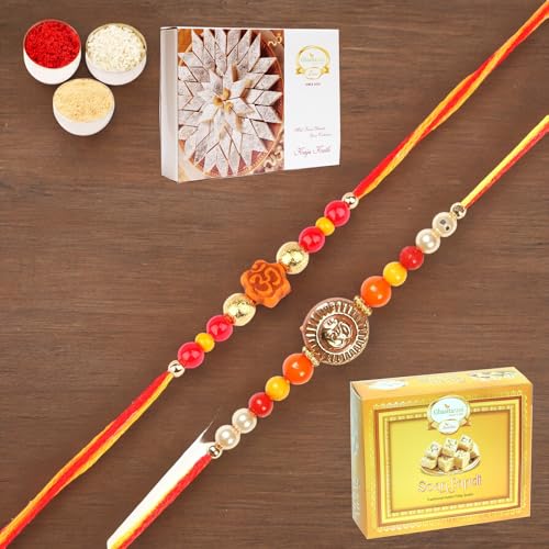 Ghasitaram Gifts Jaiccha Rakhi for Brother Rakhis Online - Set of 2-6074, 6042 Thread Rakhi with 200 gms of Kaju katli and 200 gms of Soan Papdi von Jaiccha