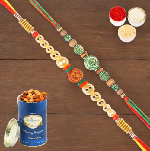 Ghasitaram Gifts Jaiccha Rakhi for Brother Rakhis Online - Set of 2-6135, L-1 Thread Rakhi with 100 gms of Dryfruits Mix Can von Jaiccha