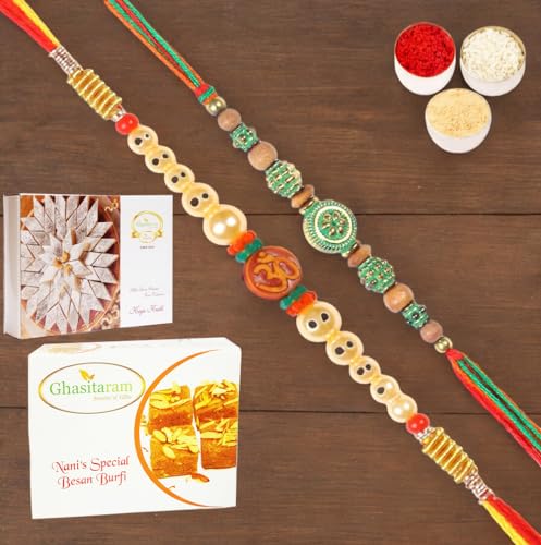 Ghasitaram Gifts Jaiccha Rakhi for Brother Rakhis Online - Set of 2-6135, L-1 Thread Rakhi with 200 gms of Besan Barfi and 200 gms of Kaju Katli von Jaiccha