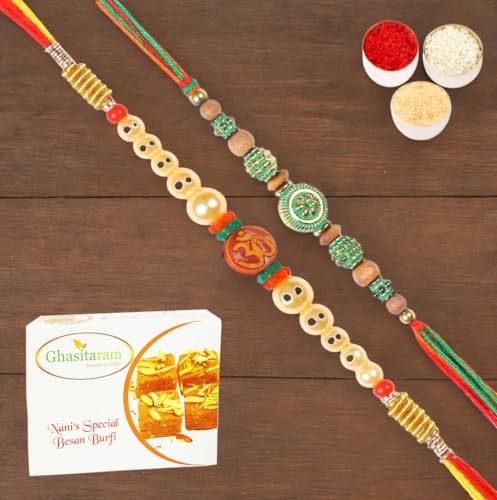 Ghasitaram Gifts Jaiccha Rakhi for Brother Rakhis Online - Set of 2-6135, L-1 Thread Rakhi with 200 gms of Besan Barfi von Jaiccha