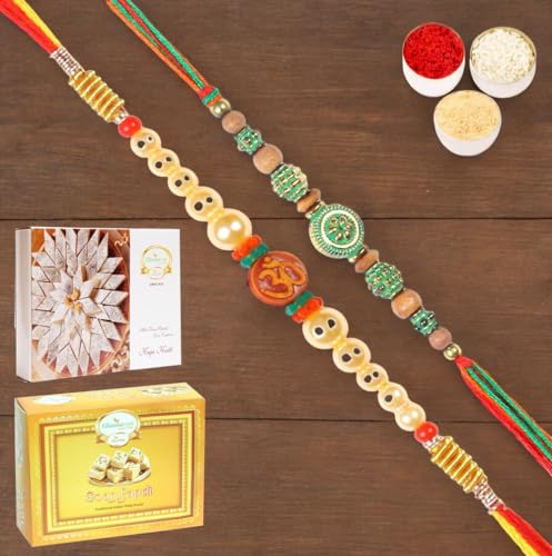 Ghasitaram Gifts Jaiccha Rakhi for Brother Rakhis Online - Set of 2-6135, L-1 Thread Rakhi with 200 gms of Kaju katli and 200 gms of Soan Papdi von Jaiccha