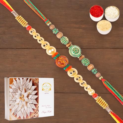 Ghasitaram Gifts Jaiccha Rakhi for Brother Rakhis Online - Set of 2-6135, L-1 Thread Rakhi with 200 gms of Kaju katli von Jaiccha