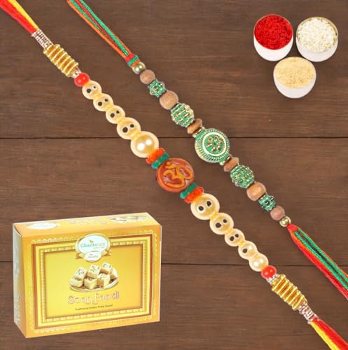 Ghasitaram Gifts Jaiccha Rakhi for Brother Rakhis Online - Set of 2-6135, L-1 Thread Rakhi with 200 gms of Soan Papdi von Jaiccha