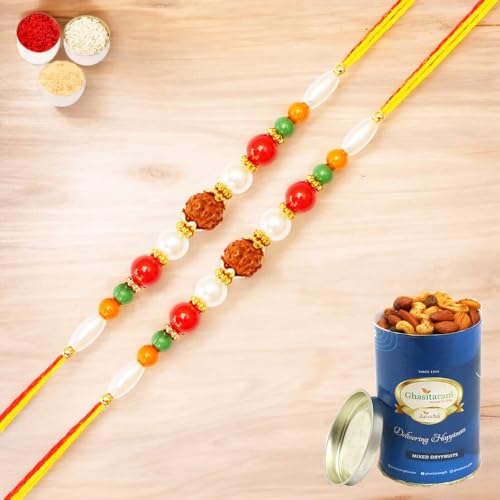 Ghasitaram Gifts Jaiccha Rakhi for Brother Rakhis Online Set of 2-6155- Rudraksh Rakhi with 100 gms of Dryfruits Mix Can von Jaiccha