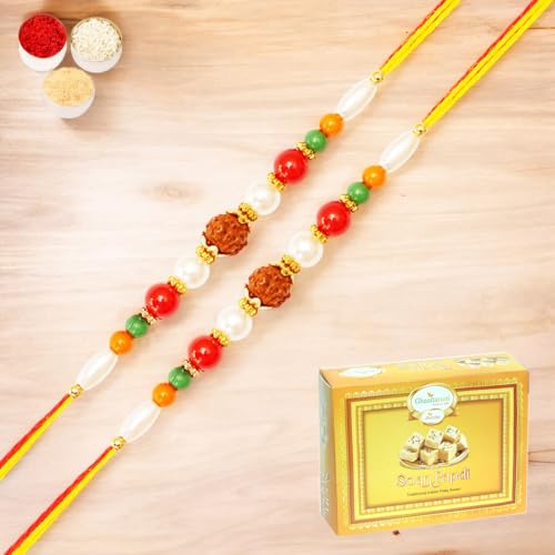 Ghasitaram Gifts Jaiccha Rakhi for Brother Rakhis Online Set of 2-6155- Rudraksh Rakhi with 200 gms of Soan Papdi von Jaiccha