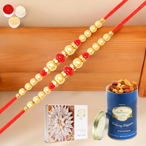 Ghasitaram Gifts Jaiccha Rakhi for Brother Rakhis Online Set of 2-6210 Pearl Rakhi with 100 gms of Dryfruits Mix Can 200 gms of Kaju katli von Jaiccha