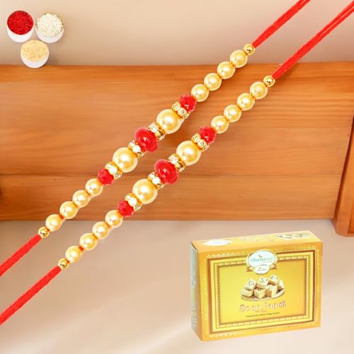 Ghasitaram Gifts Jaiccha Rakhi for Brother Rakhis Online Set of 2-6210 Pearl Rakhi with 200 gms of Soan Papdi von Jaiccha