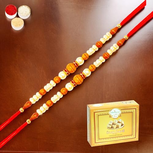 Ghasitaram Gifts Jaiccha Rakhi for Brother Rakhis Online Set of 2-6222- Pearl Rakhi with 200 gms of Soan Papdi von Jaiccha