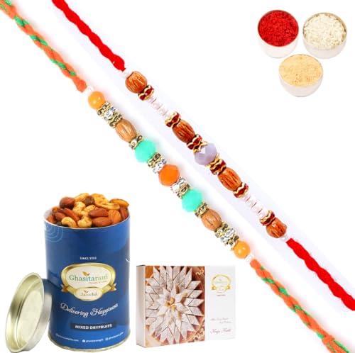 Ghasitaram Gifts Jaiccha Rakhi for Brother Rakhis Online - Set of 2-6332,6366 Fancy Thread Rakhi with 100 gms of Dryfruits Mix Can 200 gms of Kaju katli von Jaiccha