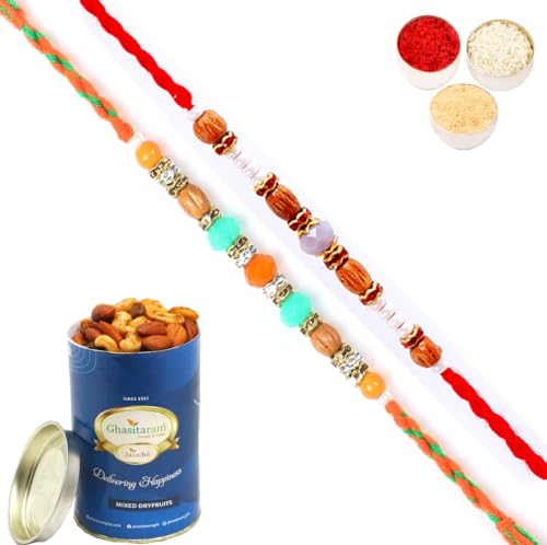 Ghasitaram Gifts Jaiccha Rakhi for Brother Rakhis Online - Set of 2-6332,6366 Fancy Thread Rakhi with 100 gms of Dryfruits Mix Can von Jaiccha