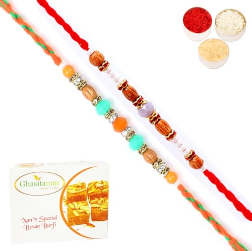 Ghasitaram Gifts Jaiccha Rakhi for Brother Rakhis Online - Set of 2-6332,6366 Fancy Thread Rakhi with 200 gms of Besan Barfi von Jaiccha