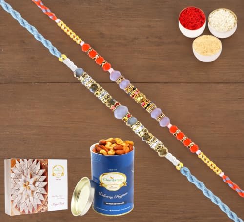 Ghasitaram Gifts Jaiccha Rakhi for Brother Rakhis Online - Set of 2-6373, 6497 Fancy Thread Rakhi with 100 gms of Dryfruits Mix Can 200 gms of Kaju katli von Jaiccha