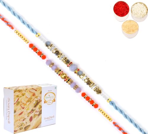 Ghasitaram Gifts Jaiccha Rakhi for Brother Rakhis Online - Set of 2-6373, 6497 Fancy Thread Rakhi with 200 gms of Soan Papdi von Jaiccha