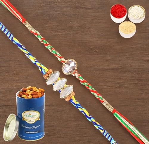 Ghasitaram Gifts Jaiccha Rakhi for Brother Rakhis Online - Set of 2-6377,6400 Fancy Thread Rakhi with 100 gms of Dryfruits Mix Can von Jaiccha