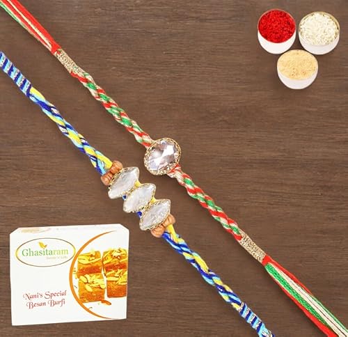 Ghasitaram Gifts Jaiccha Rakhi for Brother Rakhis Online - Set of 2-6377,6400 Fancy Thread Rakhi with 200 gms of Besan Barfi von Jaiccha