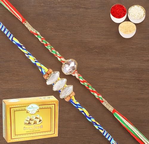 Ghasitaram Gifts Jaiccha Rakhi for Brother Rakhis Online - Set of 2-6377,6400 Fancy Thread Rakhi with 200 gms of Soan Papdi von Jaiccha