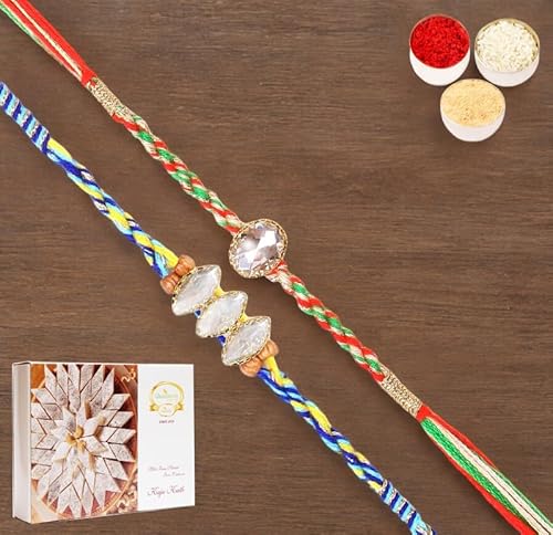 Ghasitaram Gifts Jaiccha Rakhi for Brother Rakhis Online - Set of 2-6377,6400 Fancy Thread Rakhi with 400 gms of Kaju katli von Jaiccha