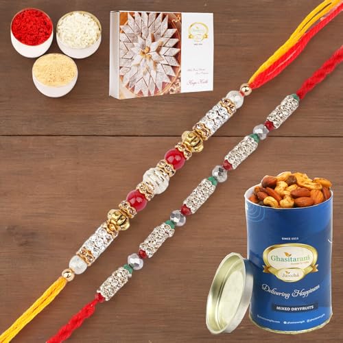 Ghasitaram Gifts Jaiccha Rakhi for Brother Rakhis Online - Set of 2-6981,7077 Fancy Thread Rakhi with 100 gms of Dryfruits Mix Can 200 gms of Kaju katli von Jaiccha