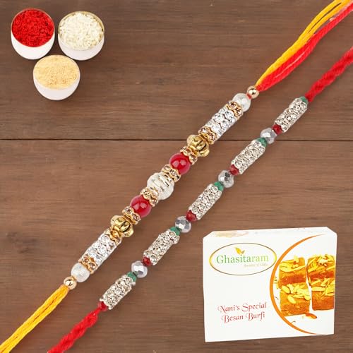 Ghasitaram Gifts Jaiccha Rakhi for Brother Rakhis Online - Set of 2-6981,7077 Fancy Thread Rakhi with 200 gms of Besan Barfi von Jaiccha