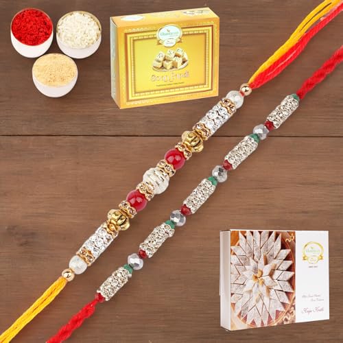 Ghasitaram Gifts Jaiccha Rakhi for Brother Rakhis Online - Set of 2-6981,7077 Fancy Thread Rakhi with 200 gms of Kaju katli and 200 gms of Soan Papdi von Jaiccha