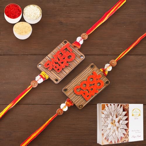 Ghasitaram Gifts Jaiccha Rakhi for Brother Rakhis Online - Set of 2-BW-5710 Wooden Sweet and BW-5711 Wooden Cool Bro kids Rakhi with 200 gms of Kaju katli von Jaiccha