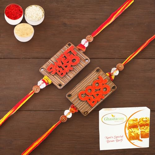 Ghasitaram Gifts Jaiccha Rakhi for Brother Rakhis Online - Set of 2-BW-5710 Wooden Sweet and BW-5711 Wooden Cool Bro kids Rakhi with 400 gms of Besan Barfi von Jaiccha