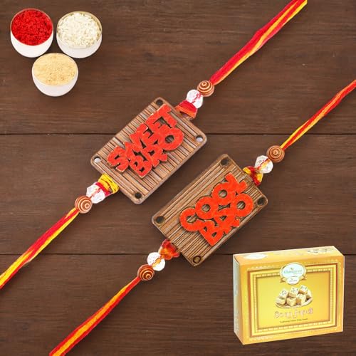 Ghasitaram Gifts Jaiccha Rakhi for Brother Rakhis Online - Set of 2-BW-5710 Wooden Sweet and BW-5711 Wooden Cool Bro kids Rakhi with 400 gms of Soan Papdi von Jaiccha