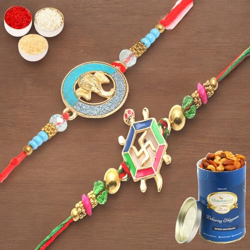 Ghasitaram Gifts Jaiccha Rakhi for Brother Rakhis Online - Set of 2 - Blessings of The Divine Power and The Riddhi Siddhi Ganpati Blessings for my Brother with 100 gms of Dryfruits Mix Can von Jaiccha