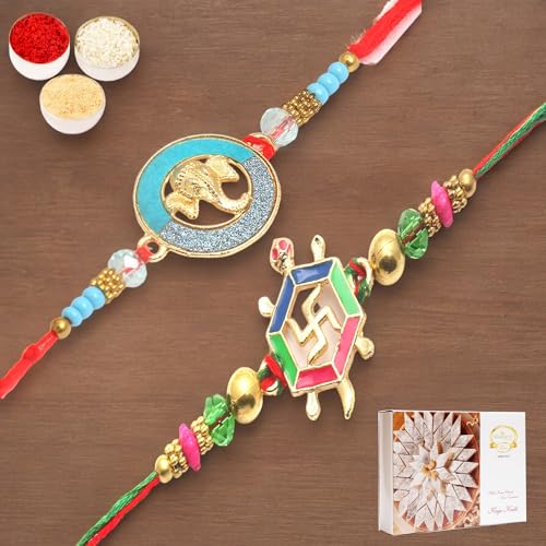 Ghasitaram Gifts Jaiccha Rakhi for Brother Rakhis Online - Set of 2 - Blessings of The Divine Power and The Riddhi Siddhi Ganpati Blessings for my Brother with 400 gms of Kaju katli von Jaiccha