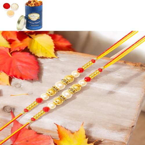 Ghasitaram Gifts Jaiccha Rakhi for Brother Rakhis Online Set of 2-GR-14 Pearl Rakhi with 100 gms of Dryfruits Mix Can von Jaiccha