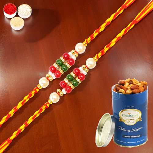 Ghasitaram Gifts Jaiccha Rakhi for Brother Rakhis Online Set of 2-GR 16 Pearl Rakhi with 100 gms of Dryfruits Mix Can von Jaiccha