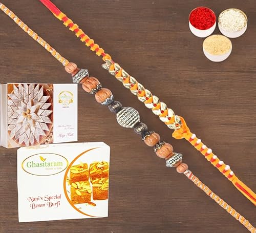 Ghasitaram Gifts Jaiccha Rakhi for Brother Rakhis Online - Set of 2-L-1,RM-583 Fancy Thread Rakhi with 200 gms of Besan Barfi and 200 gms of Kaju Katli von Jaiccha