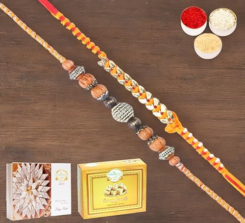 Ghasitaram Gifts Jaiccha Rakhi for Brother Rakhis Online - Set of 2-L-1,RM-583 Fancy Thread Rakhi with 200 gms of Kaju katli and 200 gms of Soan Papdi von Jaiccha