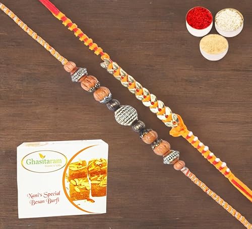 Ghasitaram Gifts Jaiccha Rakhi for Brother Rakhis Online - Set of 2-L-1,RM-583 Fancy Thread Rakhi with 400 gms of Besan Barfi von Jaiccha