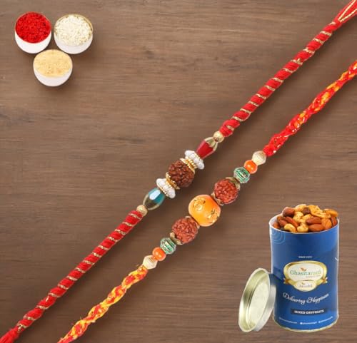 Ghasitaram Gifts Jaiccha Rakhi for Brother Rakhis Online - Set of 2-L-1 and L-3 Rudraksh Rakhi with 100 gms of Dryfruits Mix Can von Jaiccha