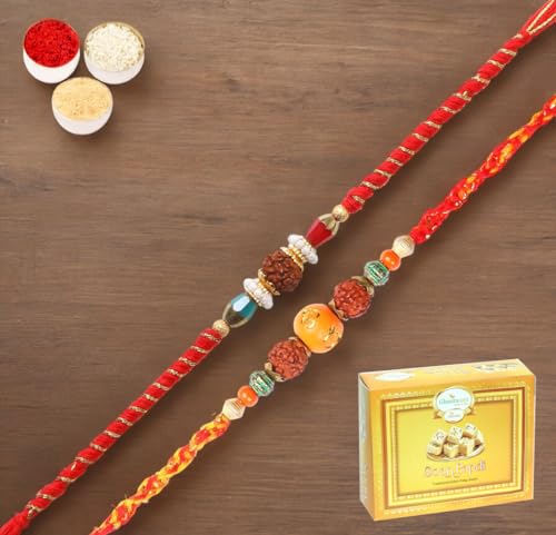 Ghasitaram Gifts Jaiccha Rakhi for Brother Rakhis Online - Set of 2-L-1 and L-3 Rudraksh Rakhi with 200 gms of Soan Papdi von Jaiccha