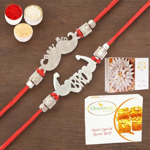 Ghasitaram Gifts Jaiccha Rakhi for Brother Rakhis Online - Set of 2 -MR-6 Metal Handsome and MR-4 Metal Muscle Bro Rakhi with 200 gms of Besan Barfi and 200 gms of Kaju Katli von Jaiccha