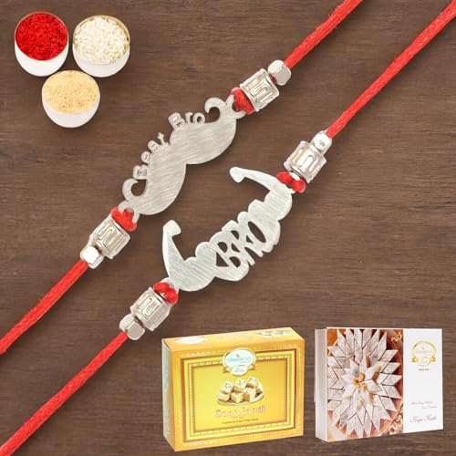 Ghasitaram Gifts Jaiccha Rakhi for Brother Rakhis Online - Set of 2 -MR-6 Metal Handsome and MR-4 Metal Muscle Bro Rakhi with 200 gms of Kaju katli and 200 gms of Soan Papdi von Jaiccha