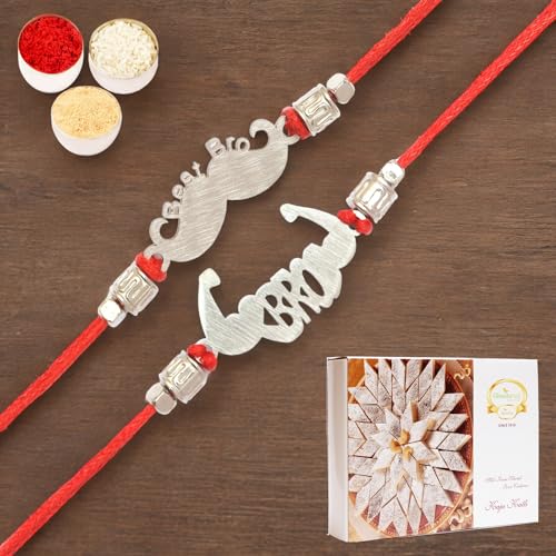 Ghasitaram Gifts Jaiccha Rakhi for Brother Rakhis Online - Set of 2 -MR-6 Metal Handsome and MR-4 Metal Muscle Bro Rakhi with 400 gms of Kaju katli von Jaiccha