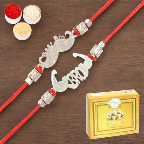 Ghasitaram Gifts Jaiccha Rakhi for Brother Rakhis Online - Set of 2 -MR-6 Metal Handsome and MR-4 Metal Muscle Bro Rakhi with 400 gms of Soan Papdi von Jaiccha