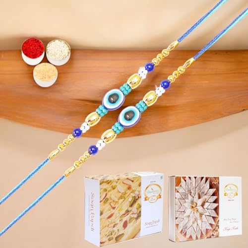 Ghasitaram Gifts Jaiccha Rakhi for Brother Rakhis Online Set of 2-N-156 Evil Eye Fancy Rakhi with 200 gms of Kaju katli and 200 gms of Soan Papdi von Jaiccha