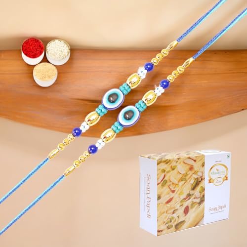 Ghasitaram Gifts Jaiccha Rakhi for Brother Rakhis Online Set of 2-N-156 Evil Eye Fancy Rakhi with 200 gms of Soan Papdi von Jaiccha