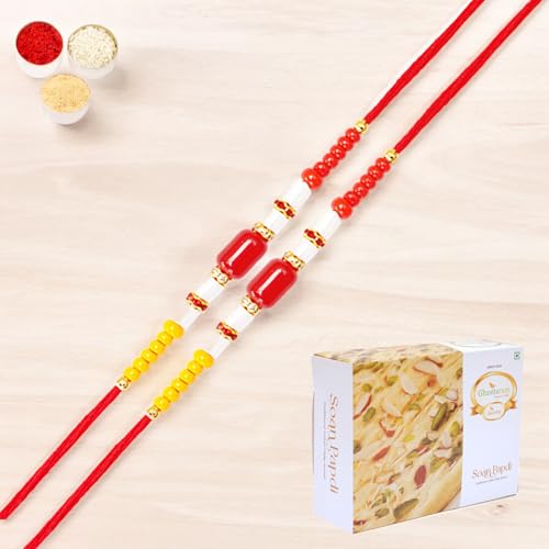 Ghasitaram Gifts Jaiccha Rakhi for Brother Rakhis Online Set of 2-N-31 Redbead Fancy Rakhi with 200 gms of Soan Papdi von Jaiccha