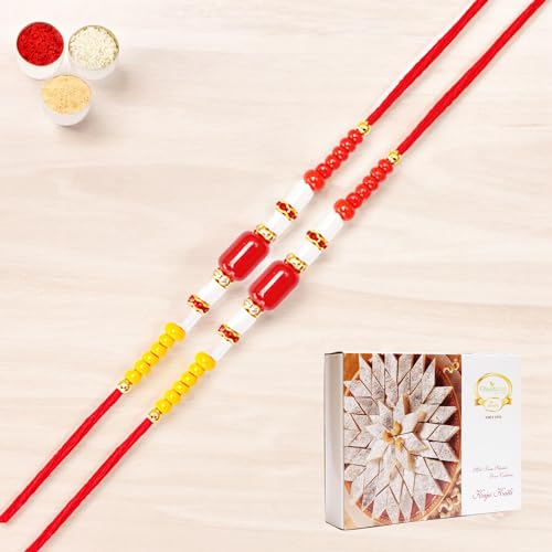 Ghasitaram Gifts Jaiccha Rakhi for Brother Rakhis Online Set of 2-N-31 Redbead Fancy Rakhi with 400 gms of Kaju katli von Jaiccha