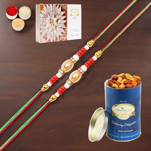 Ghasitaram Gifts Jaiccha Rakhi for Brother Rakhis Online Set of 2-N-704 Fancy Rakhi with 100 gms of Dryfruits Mix Can 200 gms of Kaju katli von Jaiccha