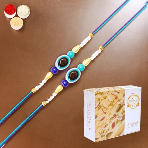 Ghasitaram Gifts Jaiccha Rakhi for Brother Rakhis Online Set of 2-N-716 Evil Eye Fancy Rakhi with 200 gms of Soan Papdi von Jaiccha