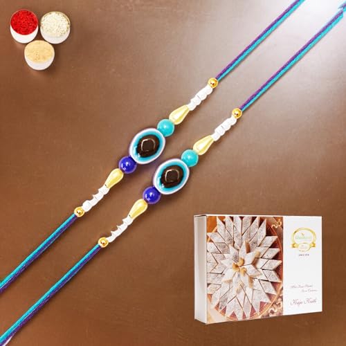 Ghasitaram Gifts Jaiccha Rakhi for Brother Rakhis Online Set of 2-N-716 Evil Eye Fancy Rakhi with 400 gms of Kaju katli von Jaiccha