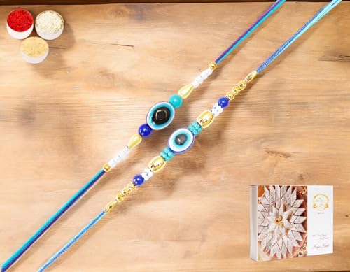 Ghasitaram Gifts Jaiccha Rakhi for Brother Rakhis Online Set of 2 N1056 and N716 Evil Eye Rakhis with 200 gms of Kaju katli von Jaiccha