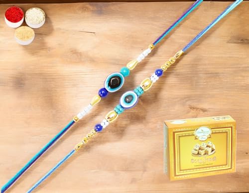 Ghasitaram Gifts Jaiccha Rakhi for Brother Rakhis Online Set of 2 N1056 and N716 Evil Eye Rakhis with 200 gms of Soan Papdi von Jaiccha