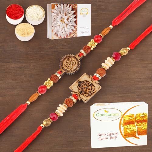 Ghasitaram Gifts Jaiccha Rakhi for Brother Rakhis Online - Set of 2-R-2033,2035 Thread Rakhi with 200 gms of Besan Barfi and 200 gms of Kaju Katli von Jaiccha